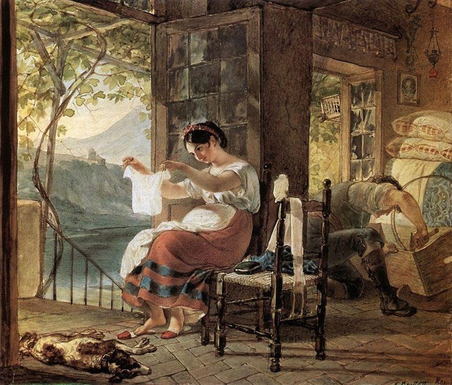 Итальянка, ожидающая ребенка, разглядывает рубашку, муж сколачивает колыбель
