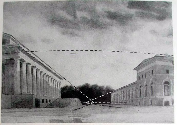 Рисунок автора. Вид на боковой фасад Биржи от Ростральной колонны