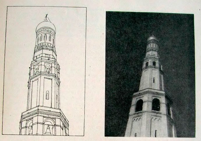 Сопоставление фотоснимка и перспективного изображения фрагмента колокольни Ивана Великого